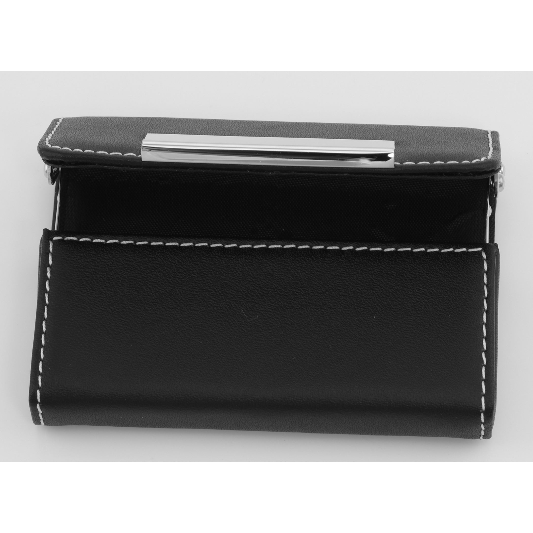 Detail view of Black Leather Business Card Case - Free Engraving - Nickel Plate highlighting design details