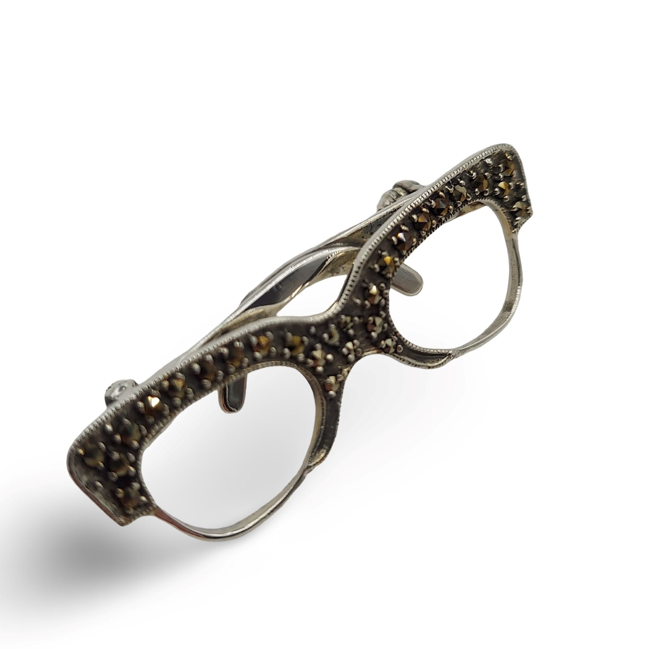Back view of Fine Bead Set Marcasite Eyeglasses Pin or Brooch showing 925 sterling silver hallmark and pin back