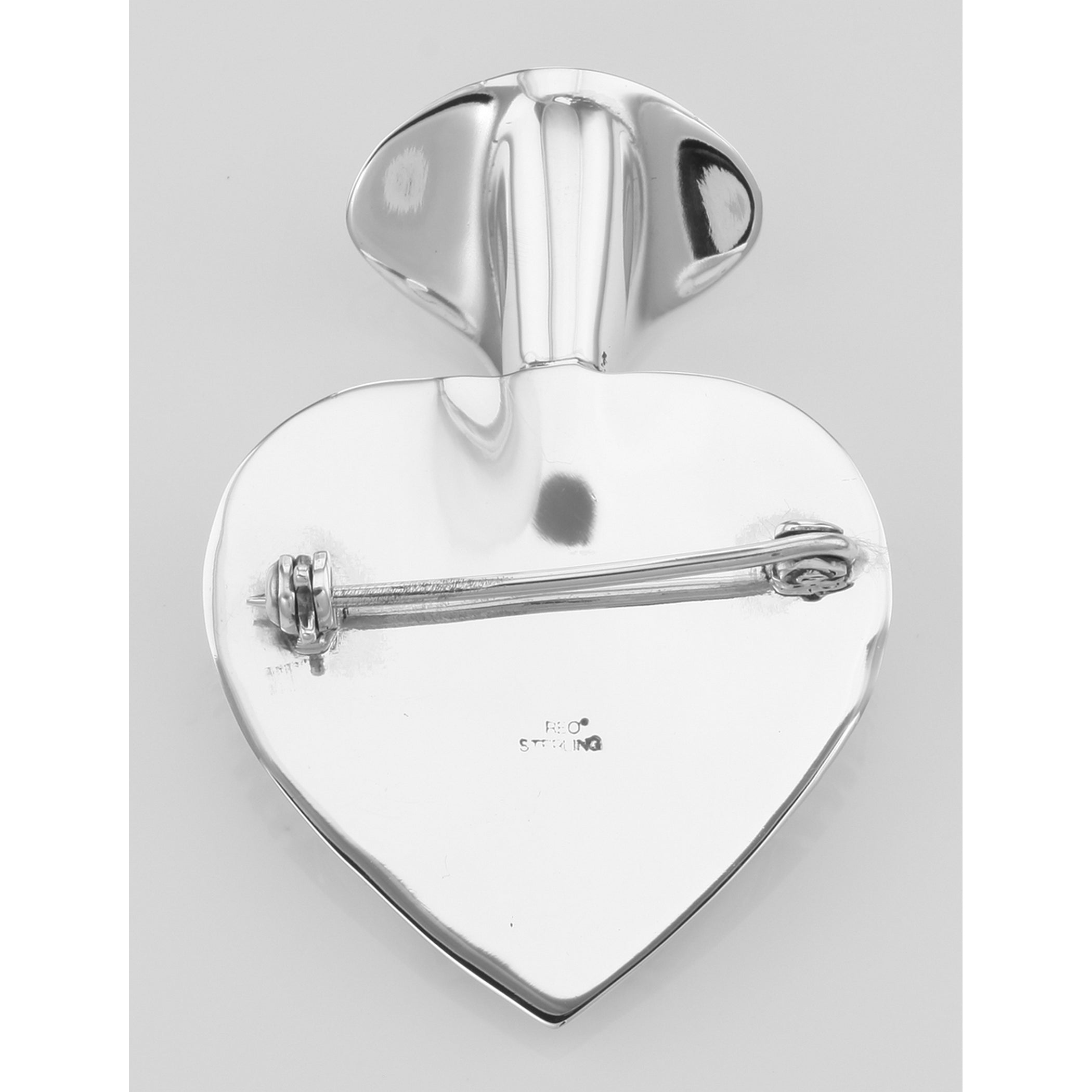 Back view of Art Deco Style Heart Vase Pin showing 925 sterling silver hallmark and pin back