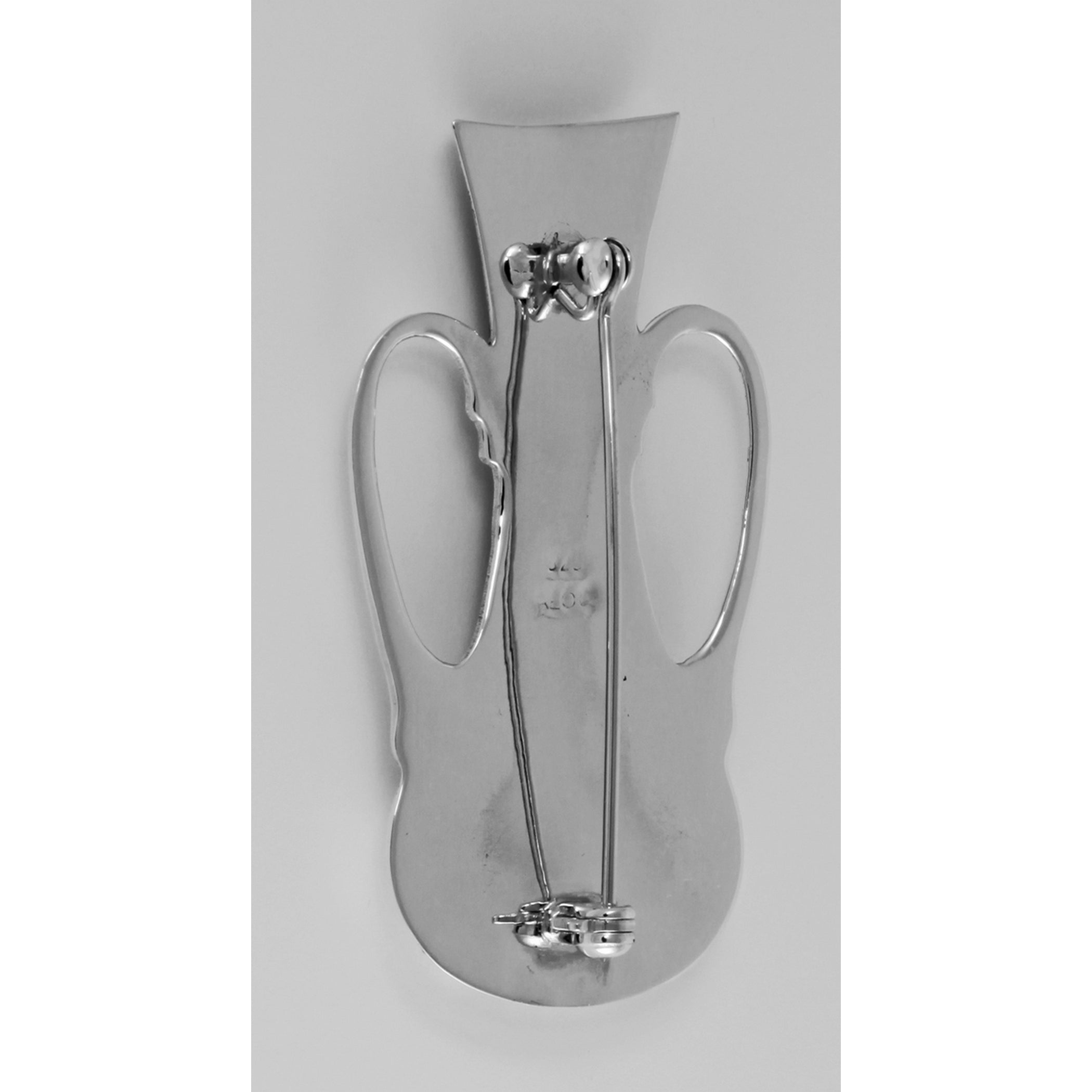 Back view of Floral Vase Pin showing 925 sterling silver hallmark and pin back
