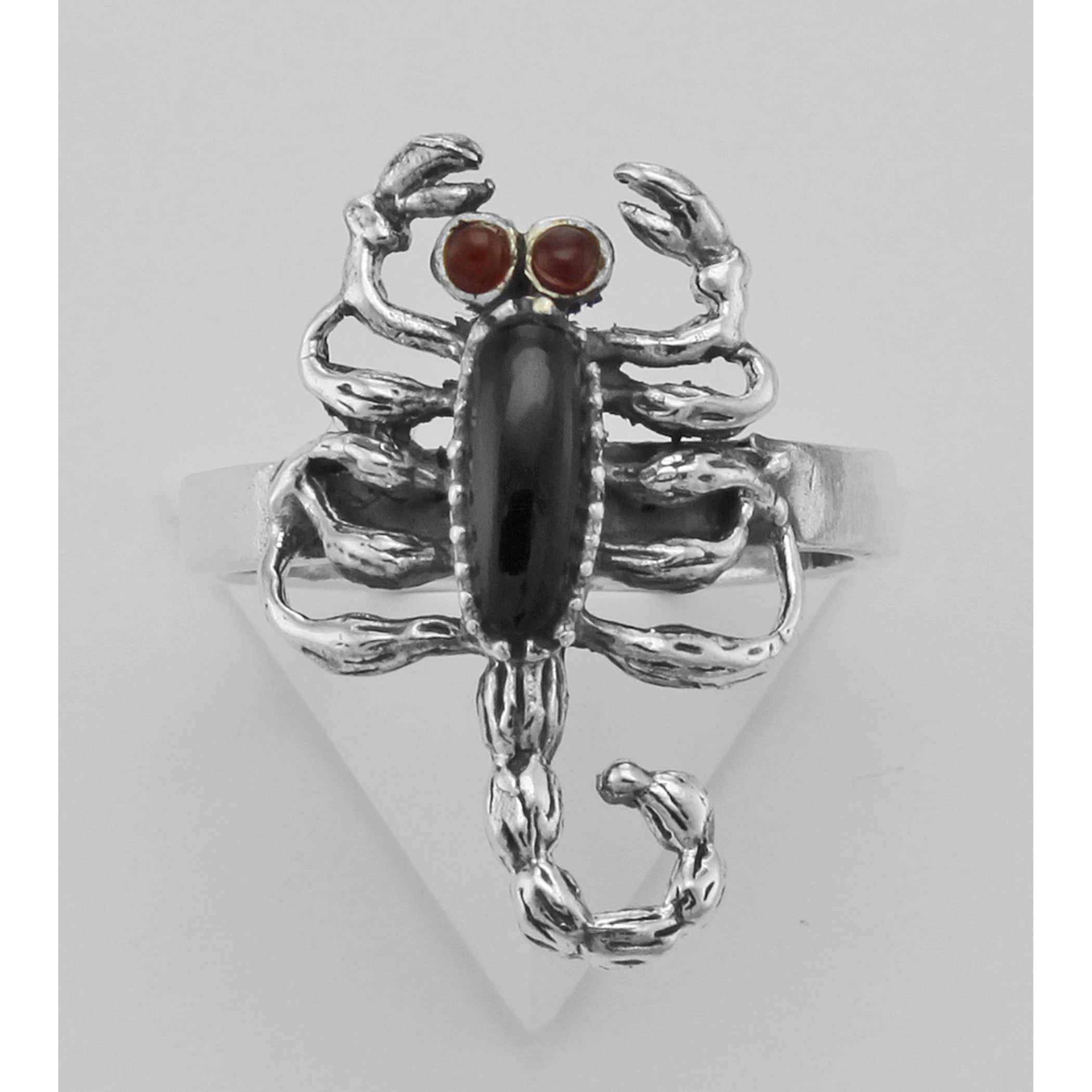 Back view of Black Onyx Scorpion Ring with Carnelian Eyes - Scorpio showing 925 sterling silver hallmark