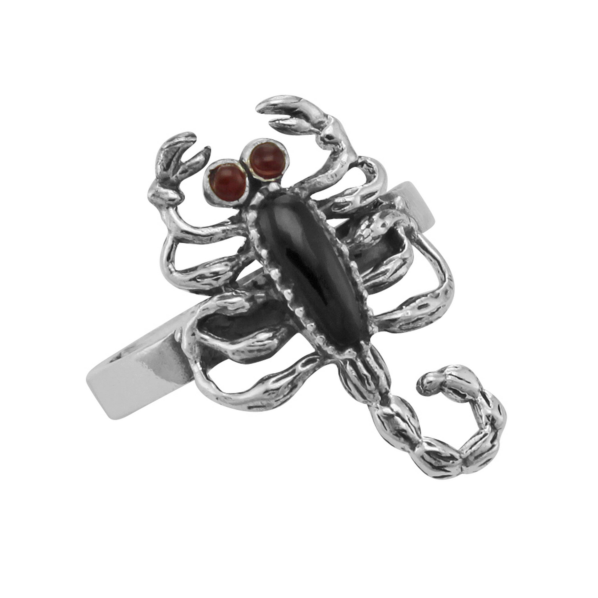 Black Onyx, Carnelian, sterling silver rings, front view