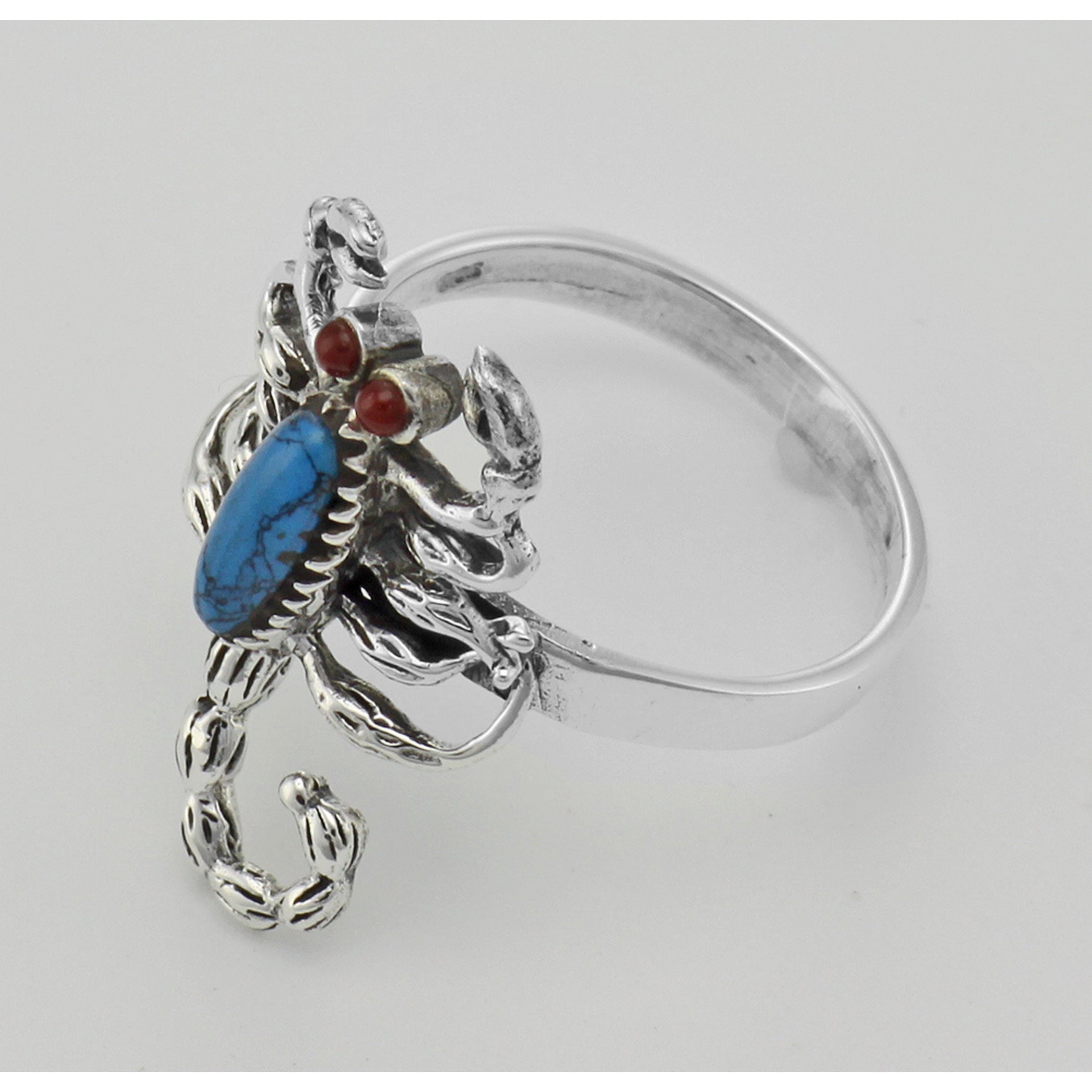 Detail view of Turquoise Body Scorpion Ring with Carnelian Eyes Scorpio Sterling Silver highlighting Carnelian, Turquoise