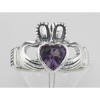 Detail view of Irish Claddagh Ring with Amethyst CZ highlighting Amethyst, CZ