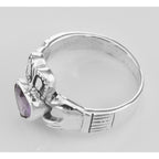 Back view of Irish Claddagh Ring with Amethyst CZ showing 925 sterling silver hallmark