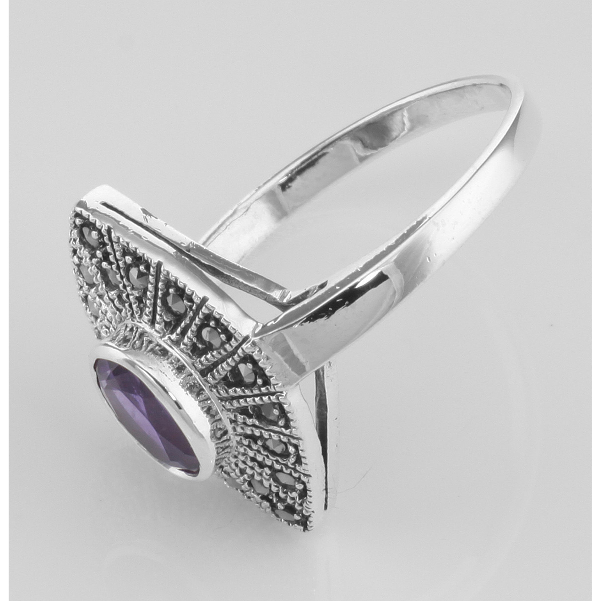 Detail view of 1/2 Carat Genuine Amethyst and Marcasite Ring highlighting Amethyst, Marcasite