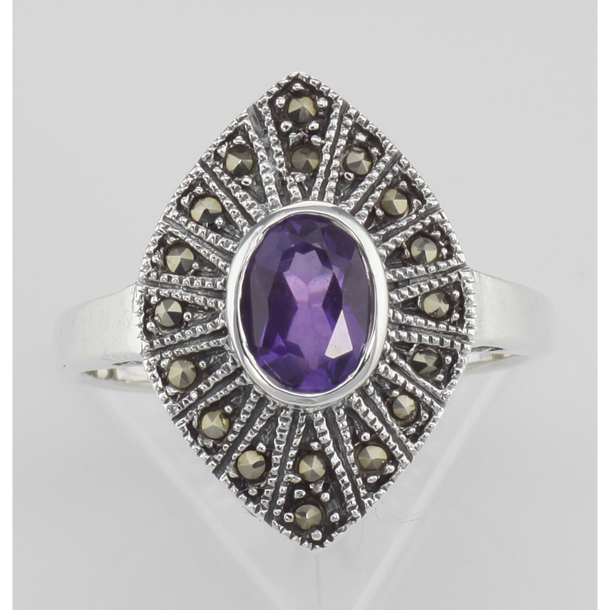 Back view of 1/2 Carat Genuine Amethyst and Marcasite Ring showing 925 sterling silver hallmark
