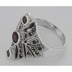Detail view of Unique Victorian Style 3 Garnet and Marcasite Ring highlighting Garnet, Marcasite