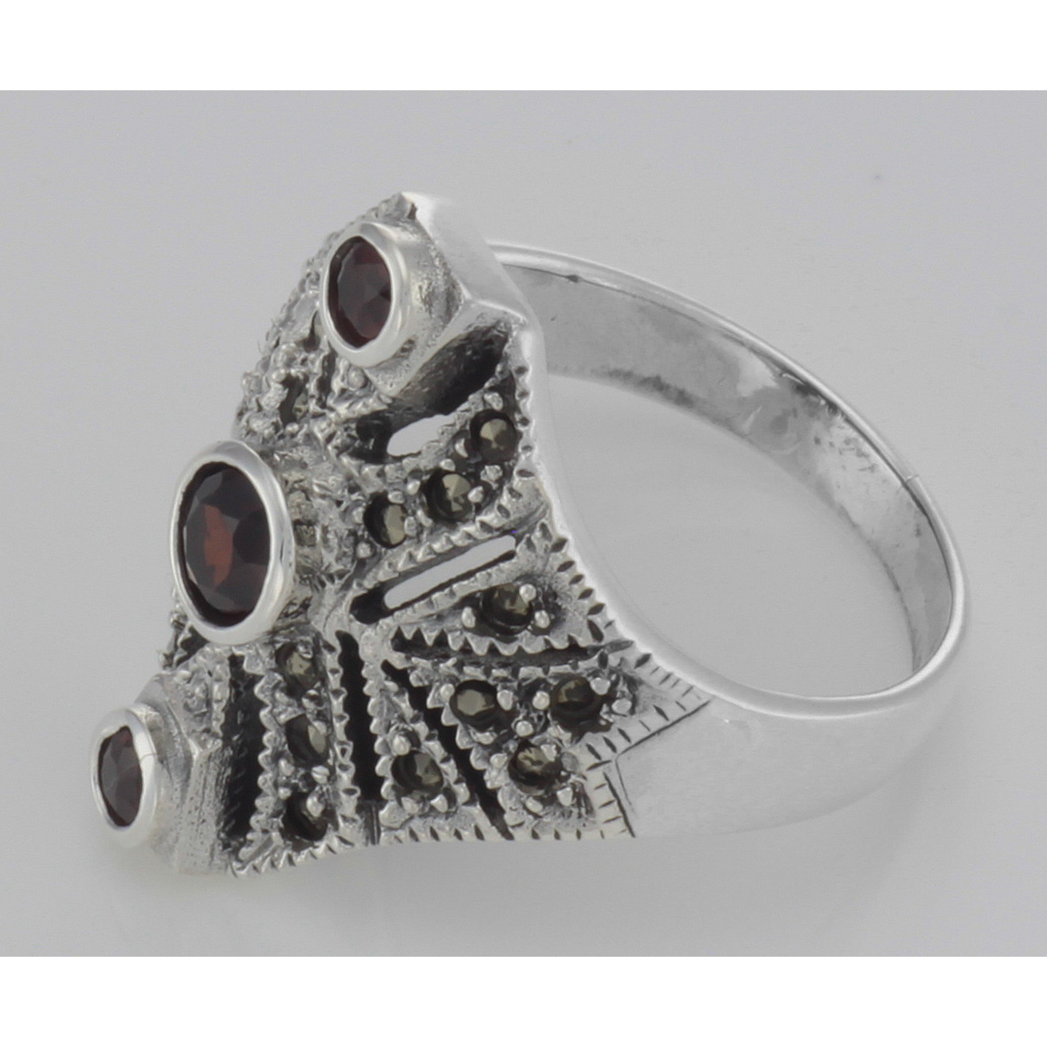 Detail view of Unique Victorian Style 3 Garnet and Marcasite Ring highlighting Garnet, Marcasite