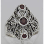 Back view of Unique Victorian Style 3 Garnet and Marcasite Ring showing 925 sterling silver hallmark
