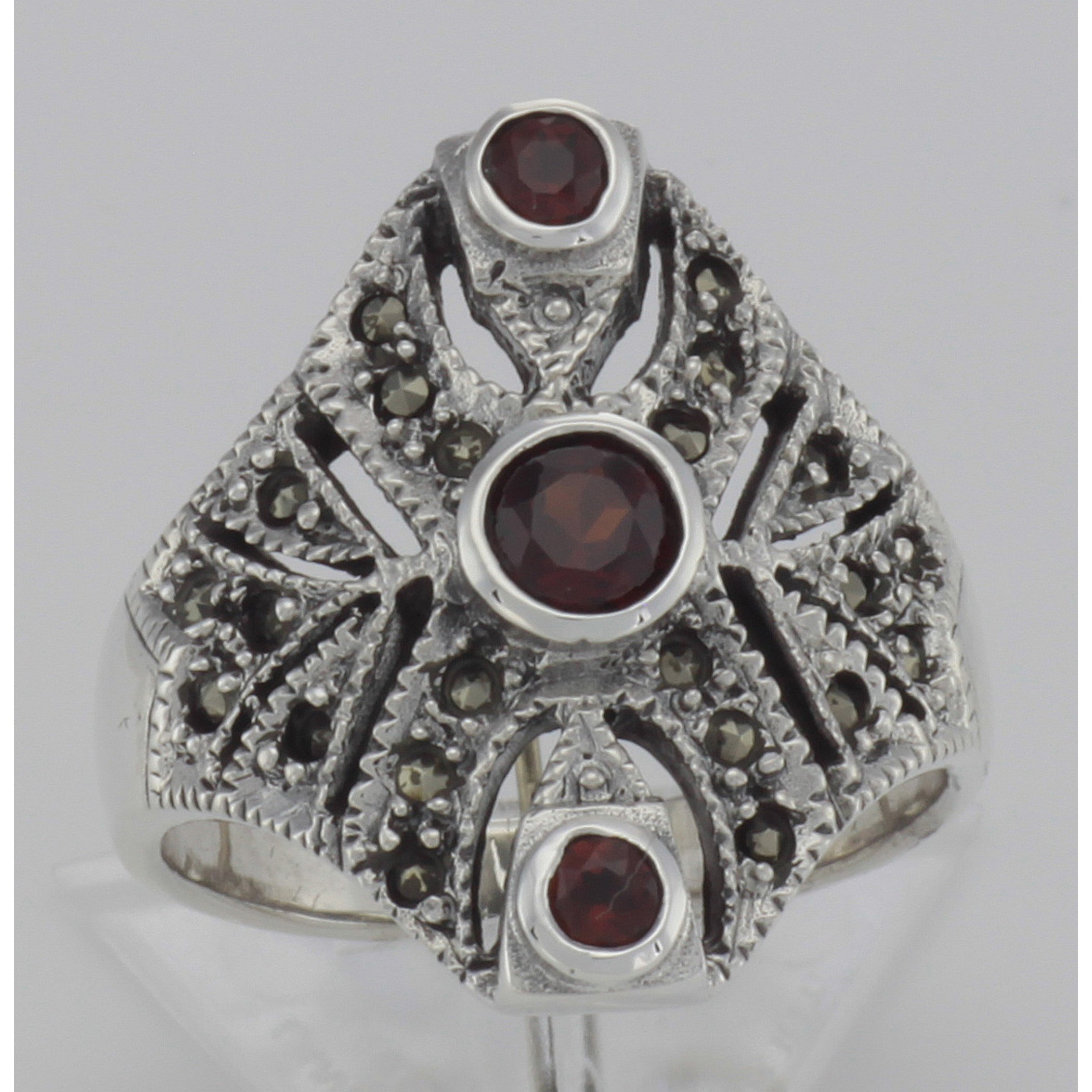 Back view of Unique Victorian Style 3 Garnet and Marcasite Ring showing 925 sterling silver hallmark