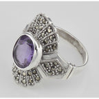 Detail view of 2 1/4 Carat Genuine Amethyst and Marcasite Ring highlighting Amethyst, Marcasite