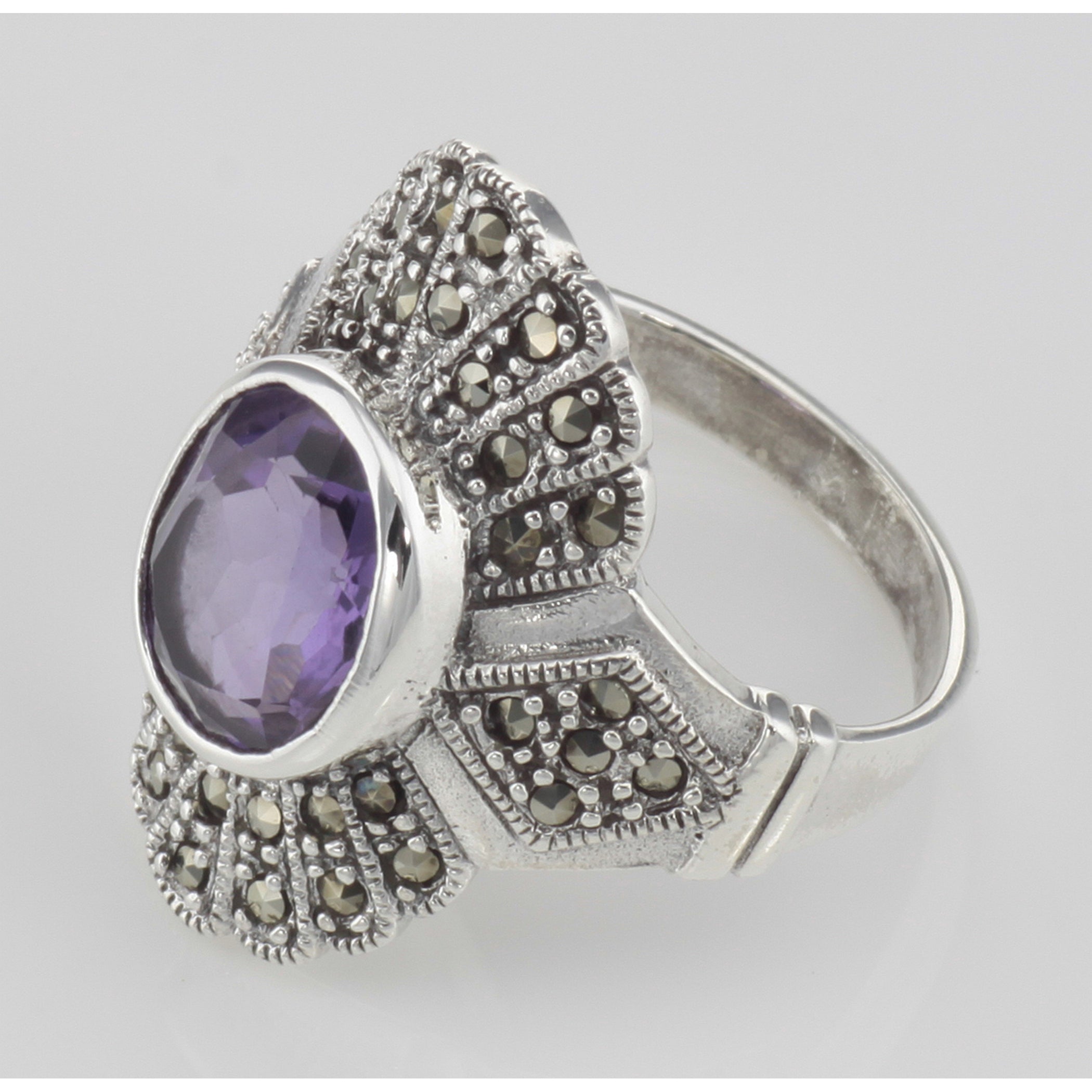 Detail view of 2 1/4 Carat Genuine Amethyst and Marcasite Ring highlighting Amethyst, Marcasite