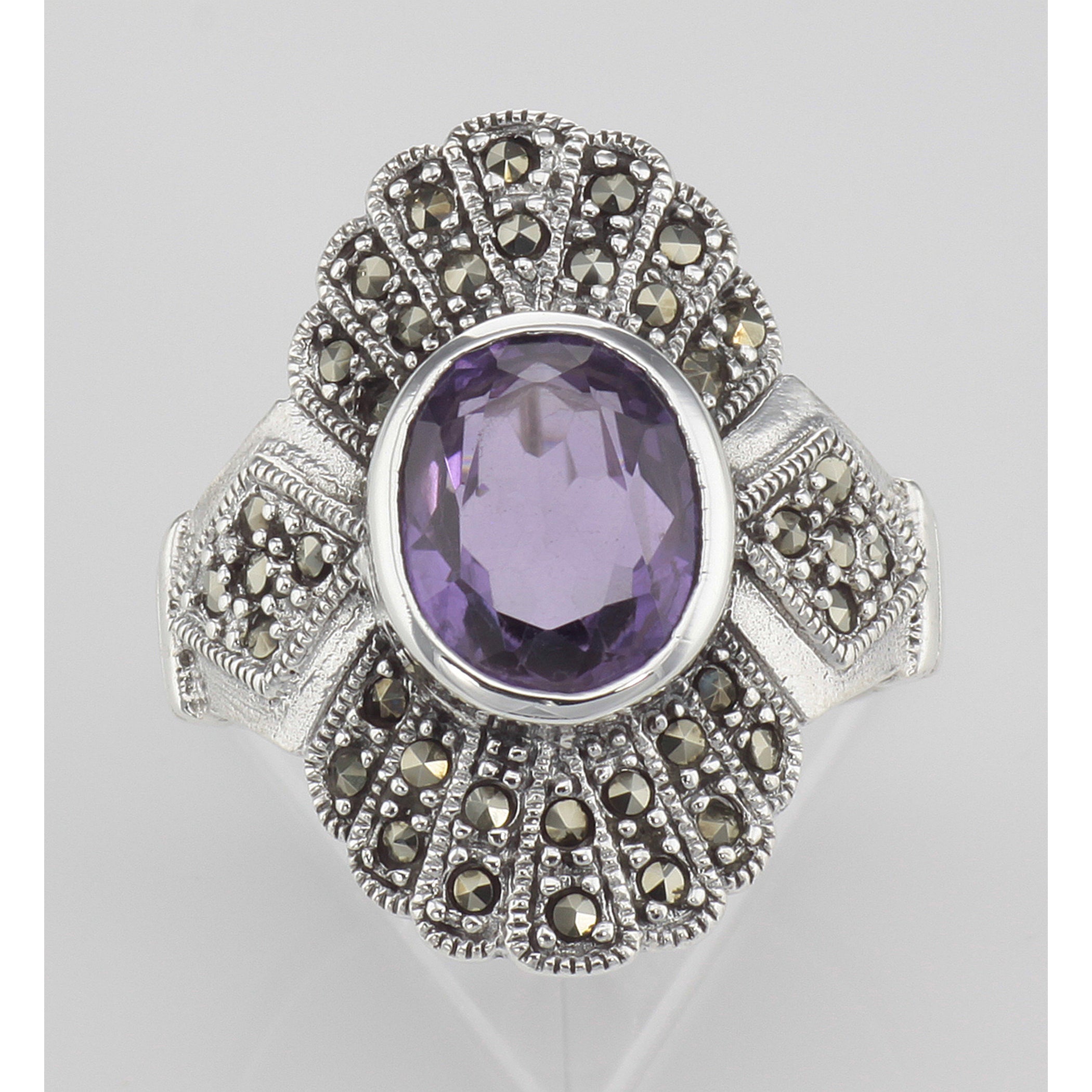 Back view of 2 1/4 Carat Genuine Amethyst and Marcasite Ring showing 925 sterling silver hallmark