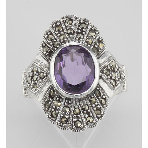 Back view of 2 1/4 Carat Genuine Amethyst and Marcasite Ring showing 925 sterling silver hallmark