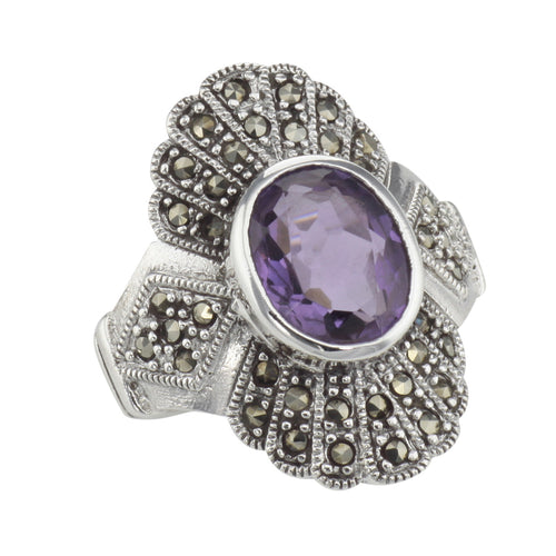 Amethyst, Marcasite, sterling silver rings, front view