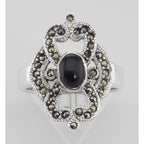 Detail view of Antique Style Black Onyx and Marcasite Ring highlighting Black Onyx, Marcasite