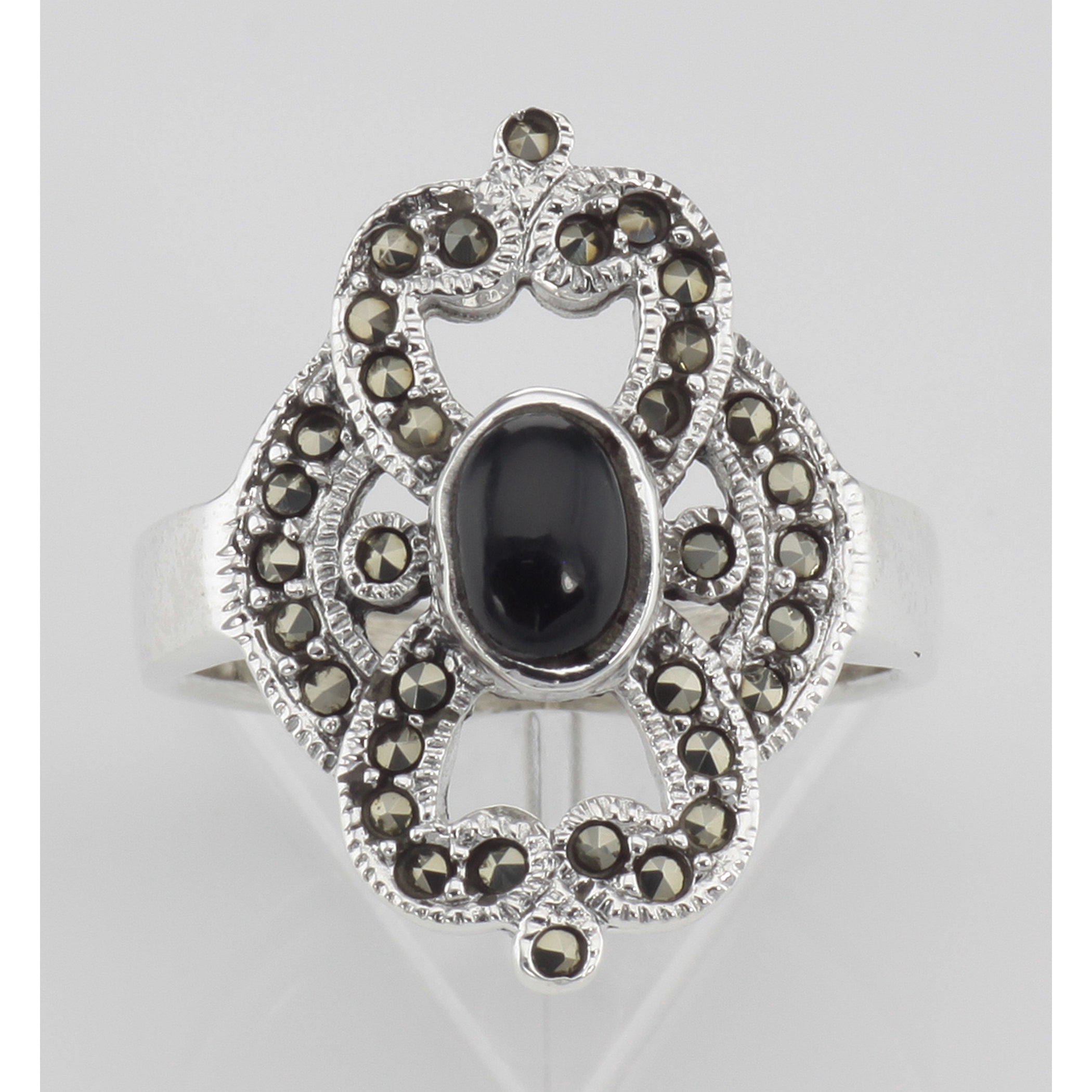 Detail view of Antique Style Black Onyx and Marcasite Ring highlighting Black Onyx, Marcasite