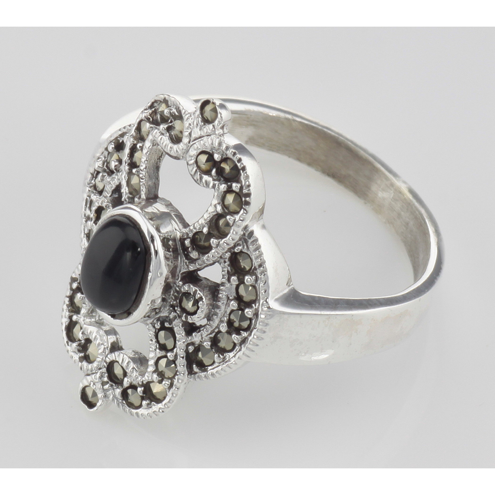 Back view of Antique Style Black Onyx and Marcasite Ring showing 925 sterling silver hallmark