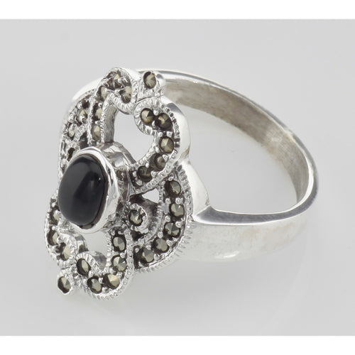 Back view of Antique Style Black Onyx and Marcasite Ring showing 925 sterling silver hallmark
