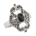 Antique style, Black Onyx, Marcasite, sterling silver rings, front view