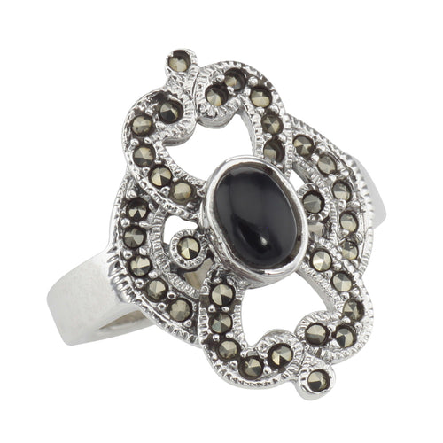 Antique style, Black Onyx, Marcasite, sterling silver rings, front view