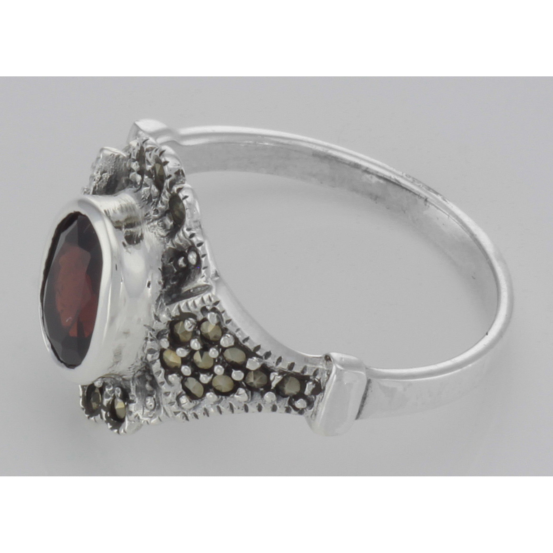 Detail view of Antique Style Garnet and Marcasite Ring highlighting Garnet, Marcasite