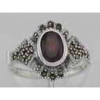 Back view of Antique Style Garnet and Marcasite Ring showing 925 sterling silver hallmark