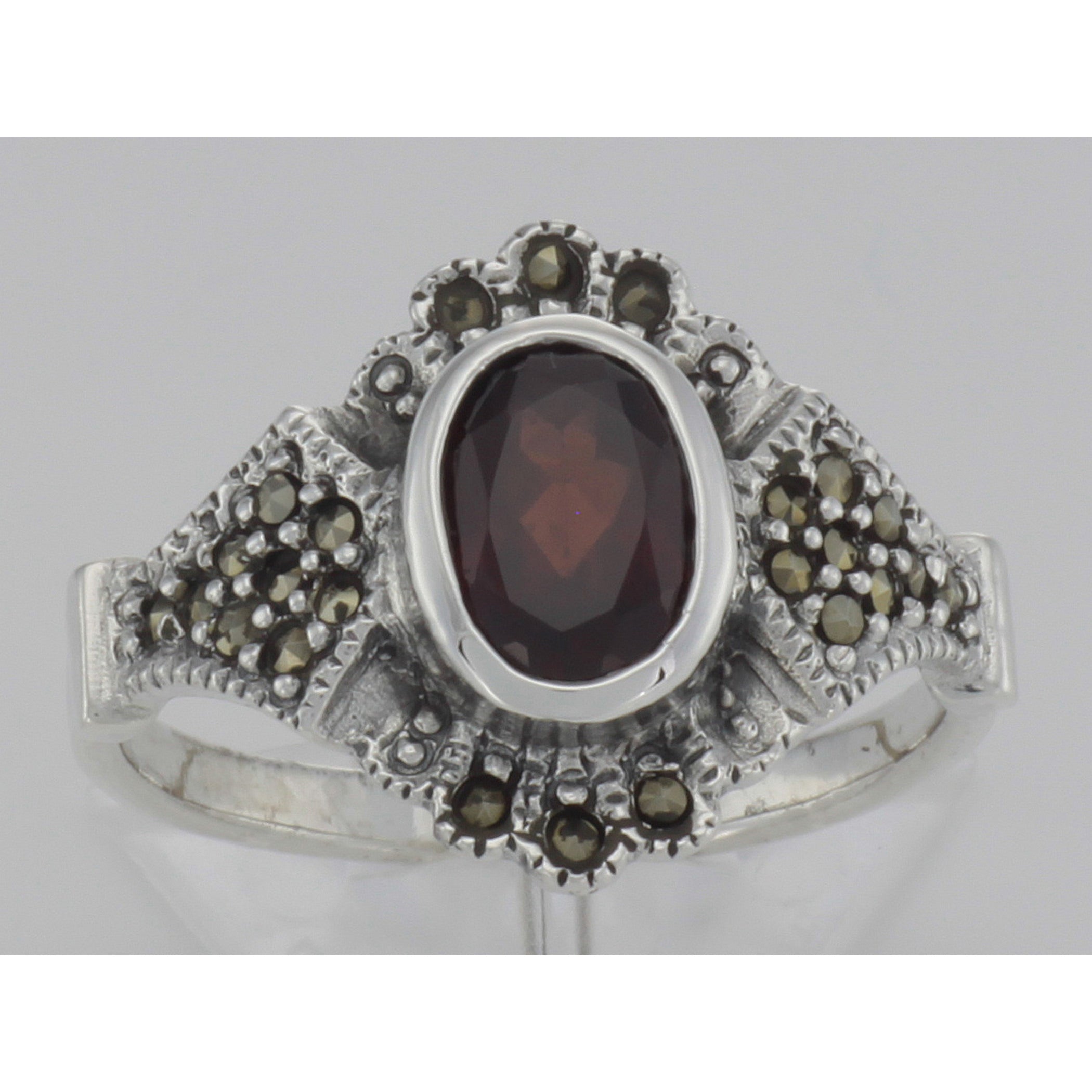 Back view of Antique Style Garnet and Marcasite Ring showing 925 sterling silver hallmark
