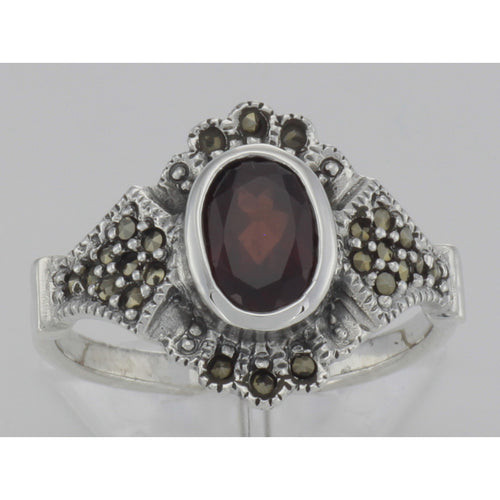 Back view of Antique Style Garnet and Marcasite Ring showing 925 sterling silver hallmark