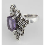 Detail view of Large 2 1/2 Carat Genuine Amethyst and Marcasite Ring highlighting Amethyst, Marcasite