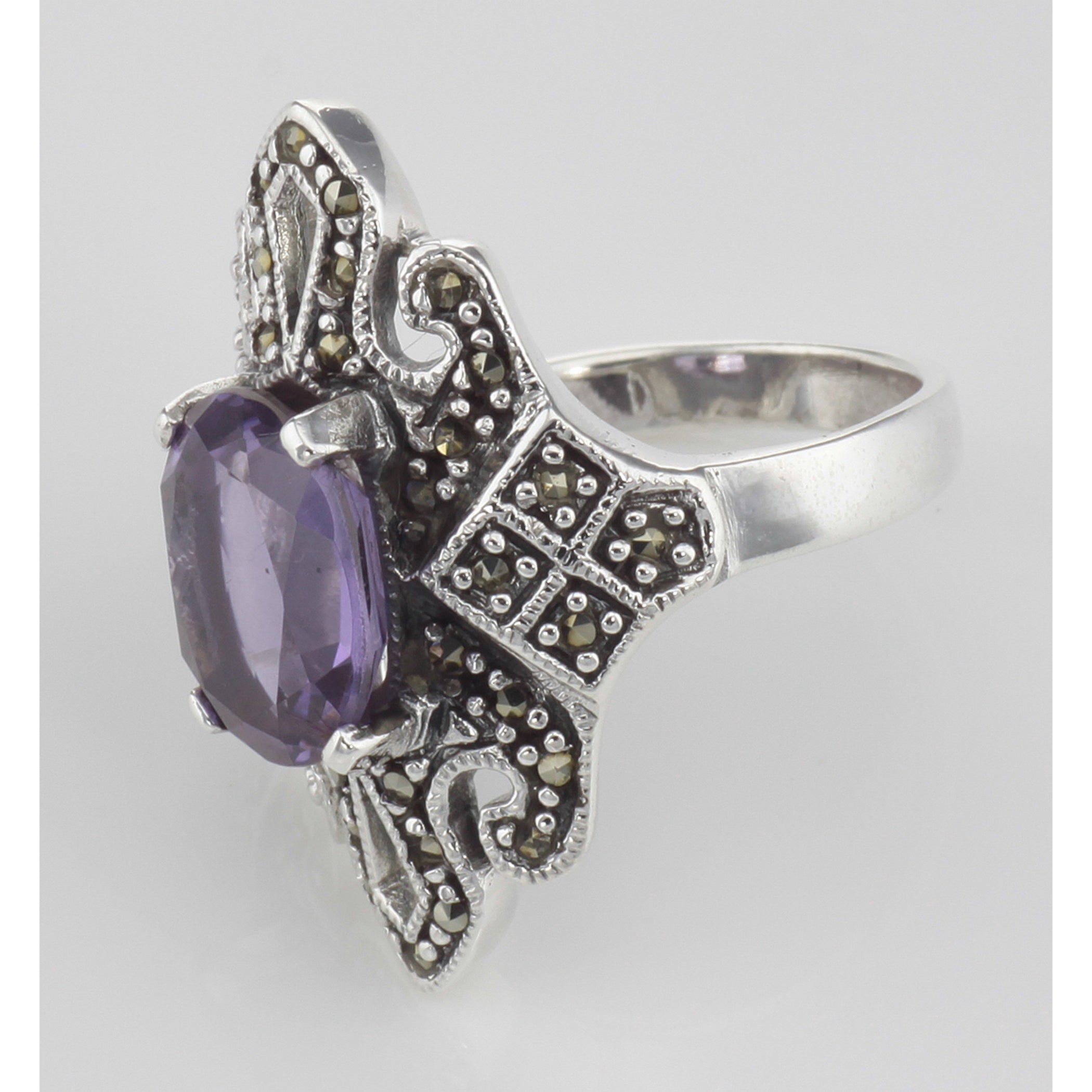 Detail view of Large 2 1/2 Carat Genuine Amethyst and Marcasite Ring highlighting Amethyst, Marcasite