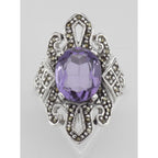 Back view of Large 2 1/2 Carat Genuine Amethyst and Marcasite Ring showing 925 sterling silver hallmark