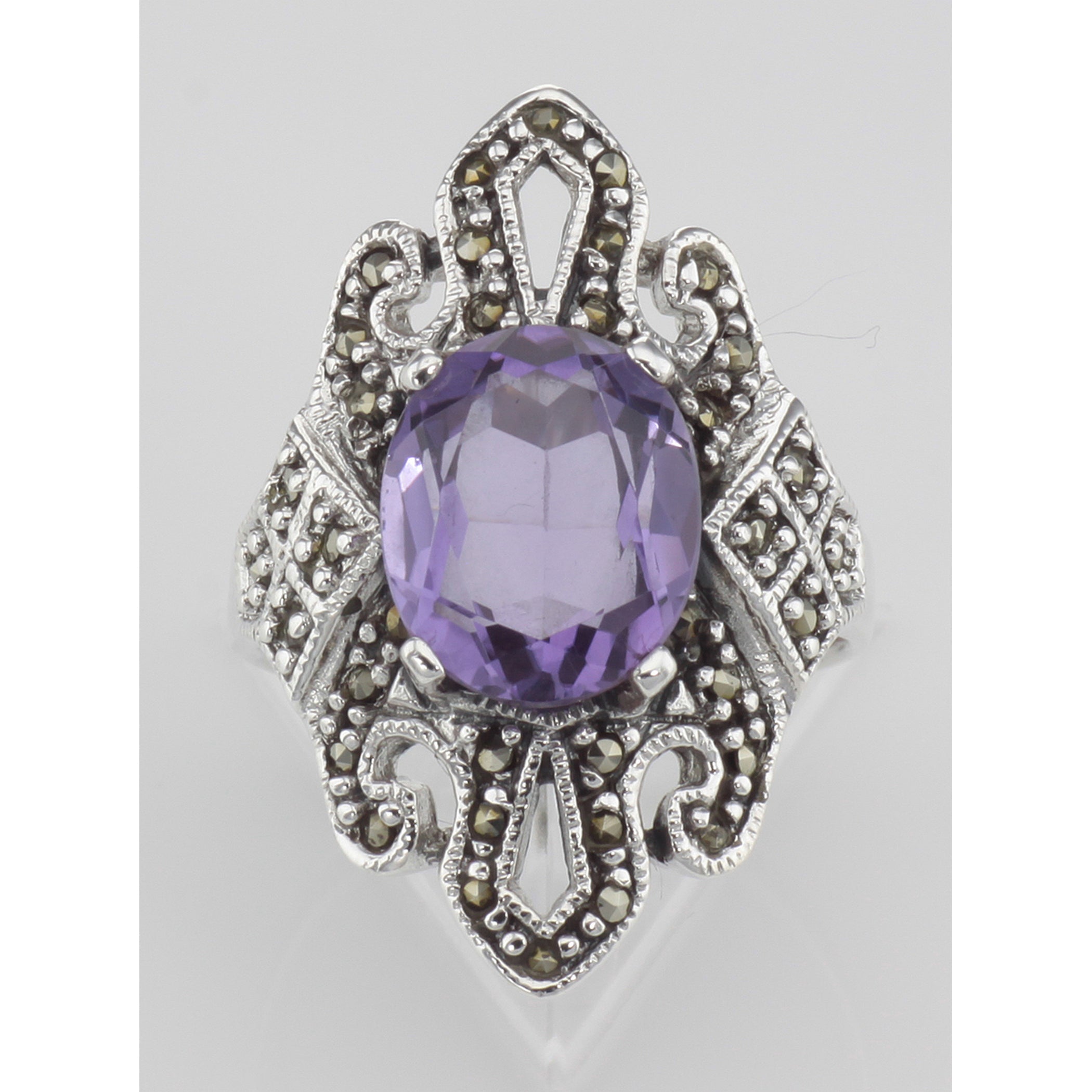 Back view of Large 2 1/2 Carat Genuine Amethyst and Marcasite Ring showing 925 sterling silver hallmark