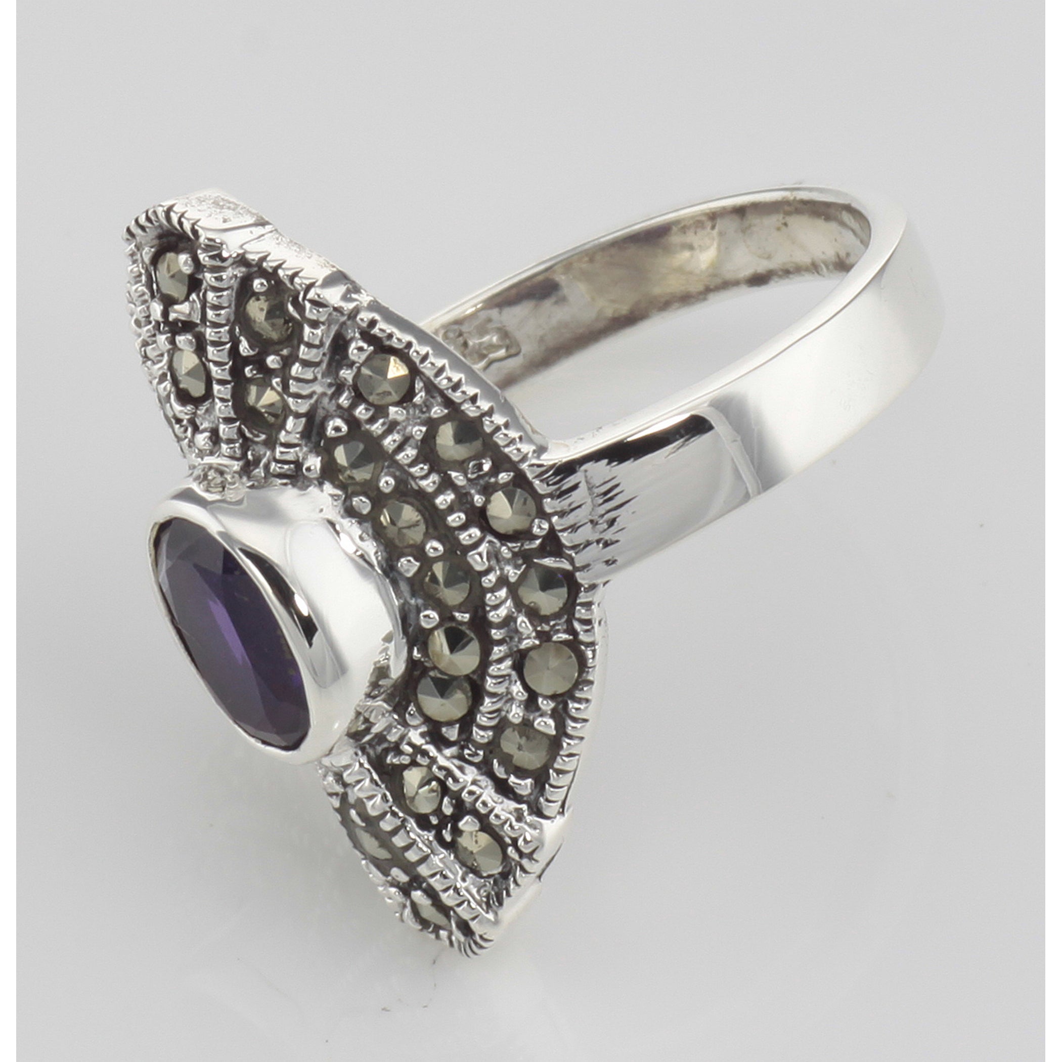 Detail view of 1/2 Carat Genuine Amethyst and Marcasite Ring highlighting Amethyst, Marcasite