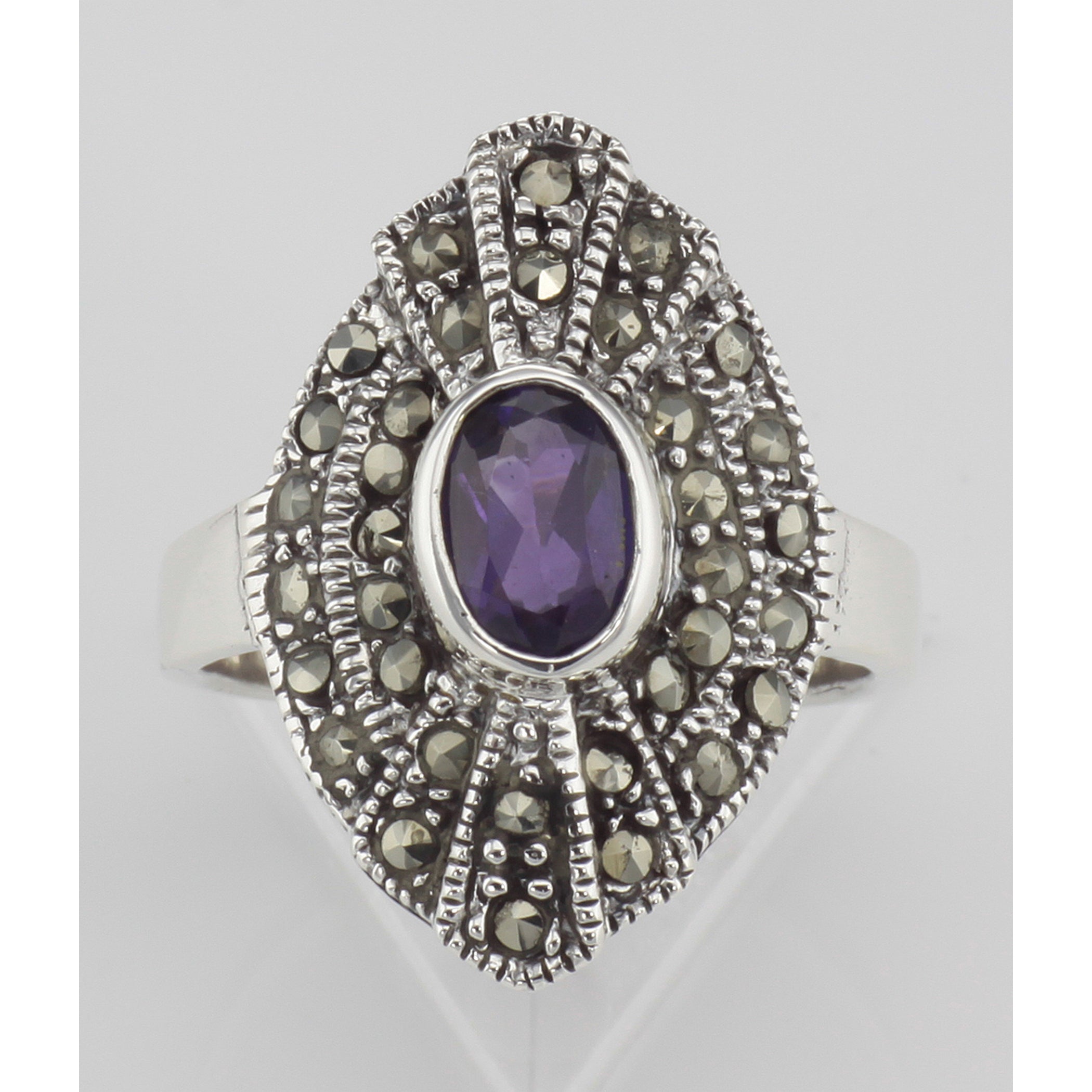 Back view of 1/2 Carat Genuine Amethyst and Marcasite Ring showing 925 sterling silver hallmark