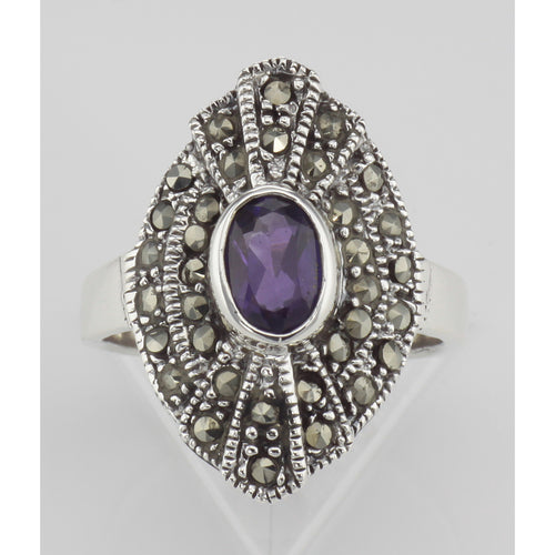 Back view of 1/2 Carat Genuine Amethyst and Marcasite Ring showing 925 sterling silver hallmark