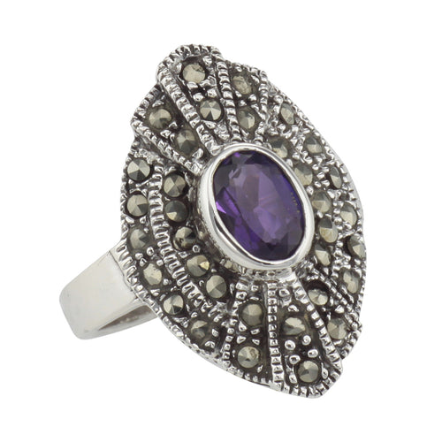 Amethyst, Marcasite, sterling silver rings, front view
