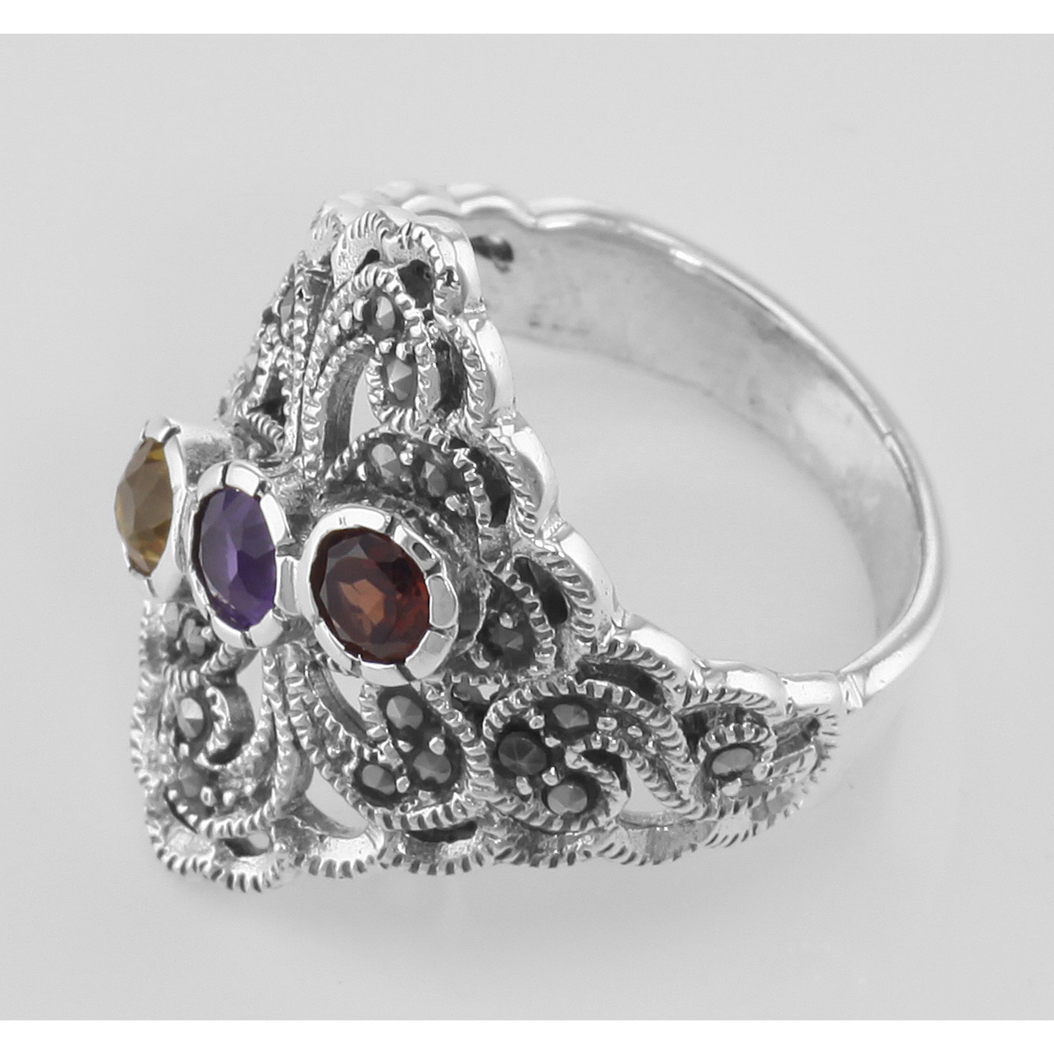 Detail view of Antique Style Marcasite Multi-Stone Ring highlighting Marcasite