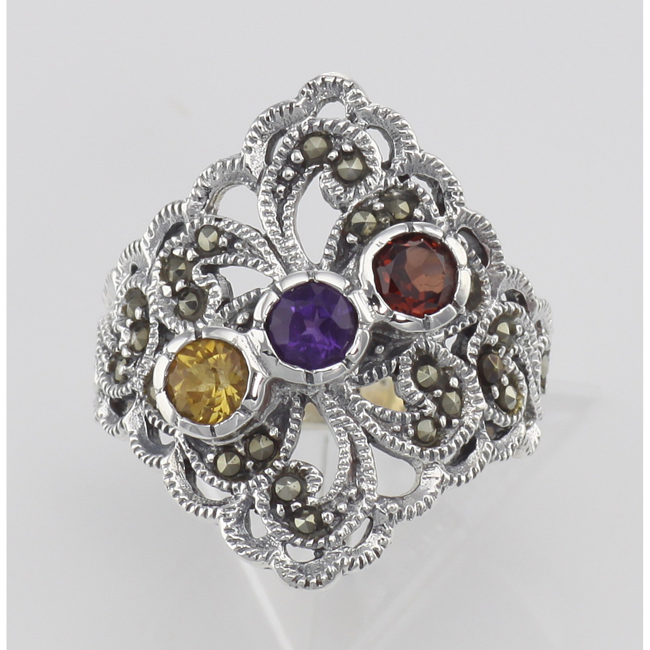 Back view of Antique Style Marcasite Multi-Stone Ring showing 925 sterling silver hallmark