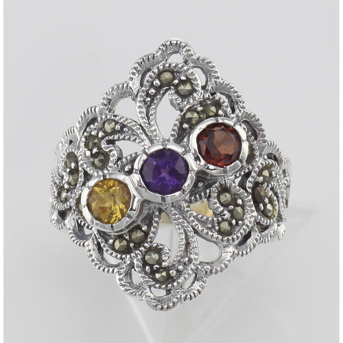 Back view of Antique Style Marcasite Multi-Stone Ring showing 925 sterling silver hallmark