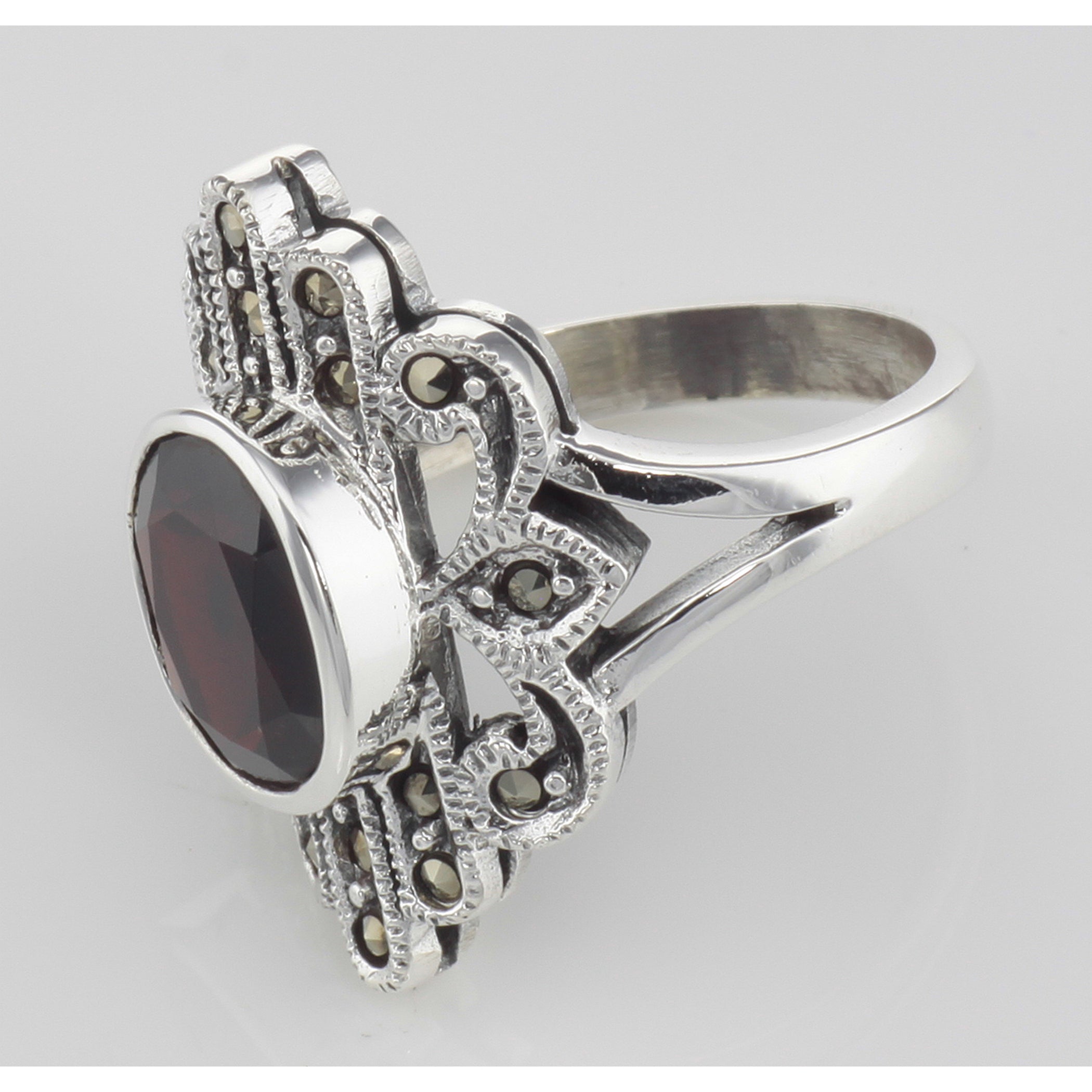 Detail view of Antique Style Genuine Red Garnet and Marcasite Ring highlighting Garnet, Marcasite