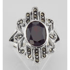 Back view of Antique Style Genuine Red Garnet and Marcasite Ring showing 925 sterling silver hallmark