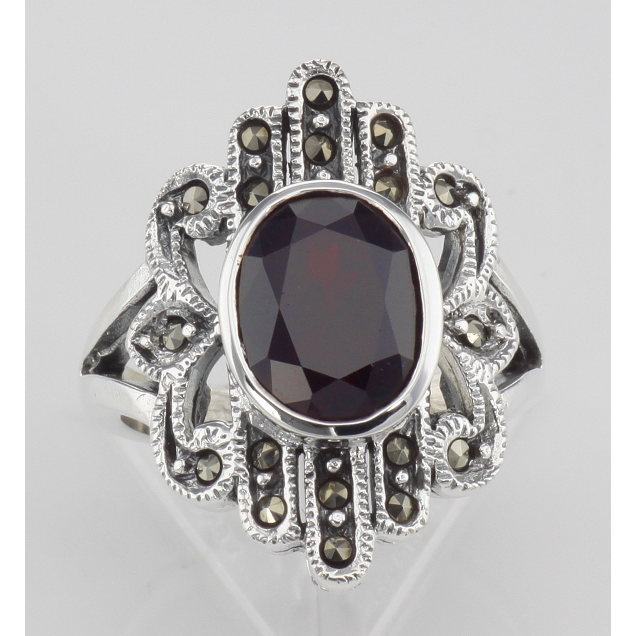Back view of Antique Style Genuine Red Garnet and Marcasite Ring showing 925 sterling silver hallmark