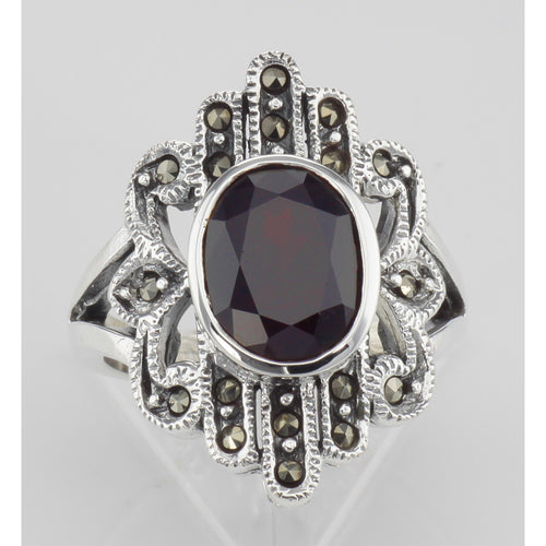 Back view of Antique Style Genuine Red Garnet and Marcasite Ring showing 925 sterling silver hallmark
