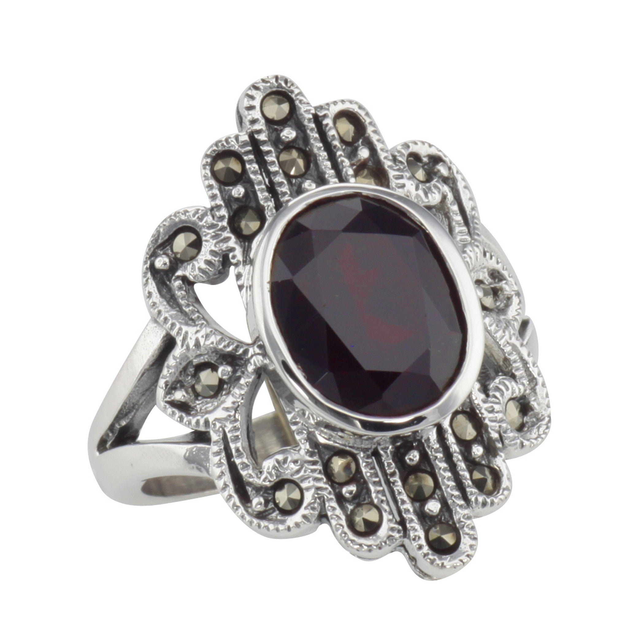 Antique style, Garnet, Marcasite, sterling silver rings, front view