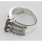 Detail view of 3 Stone Genuine Red Garnet and Marcasite Ring highlighting Garnet, Marcasite