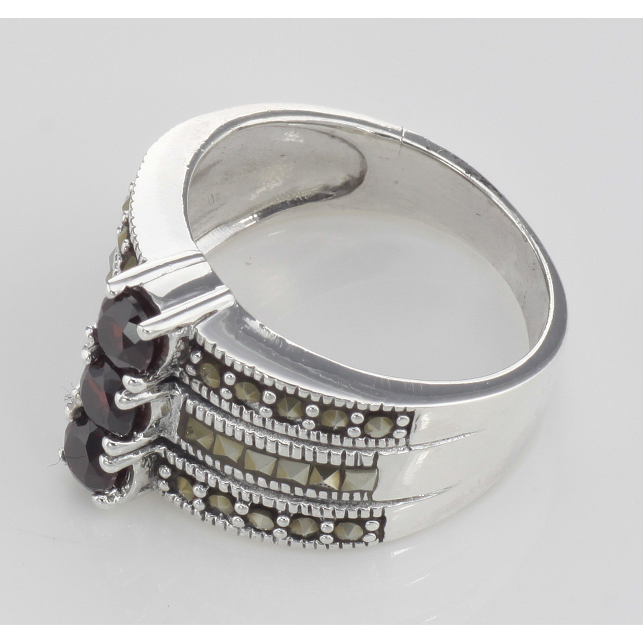 Detail view of 3 Stone Genuine Red Garnet and Marcasite Ring highlighting Garnet, Marcasite