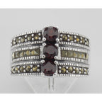 Back view of 3 Stone Genuine Red Garnet and Marcasite Ring showing 925 sterling silver hallmark