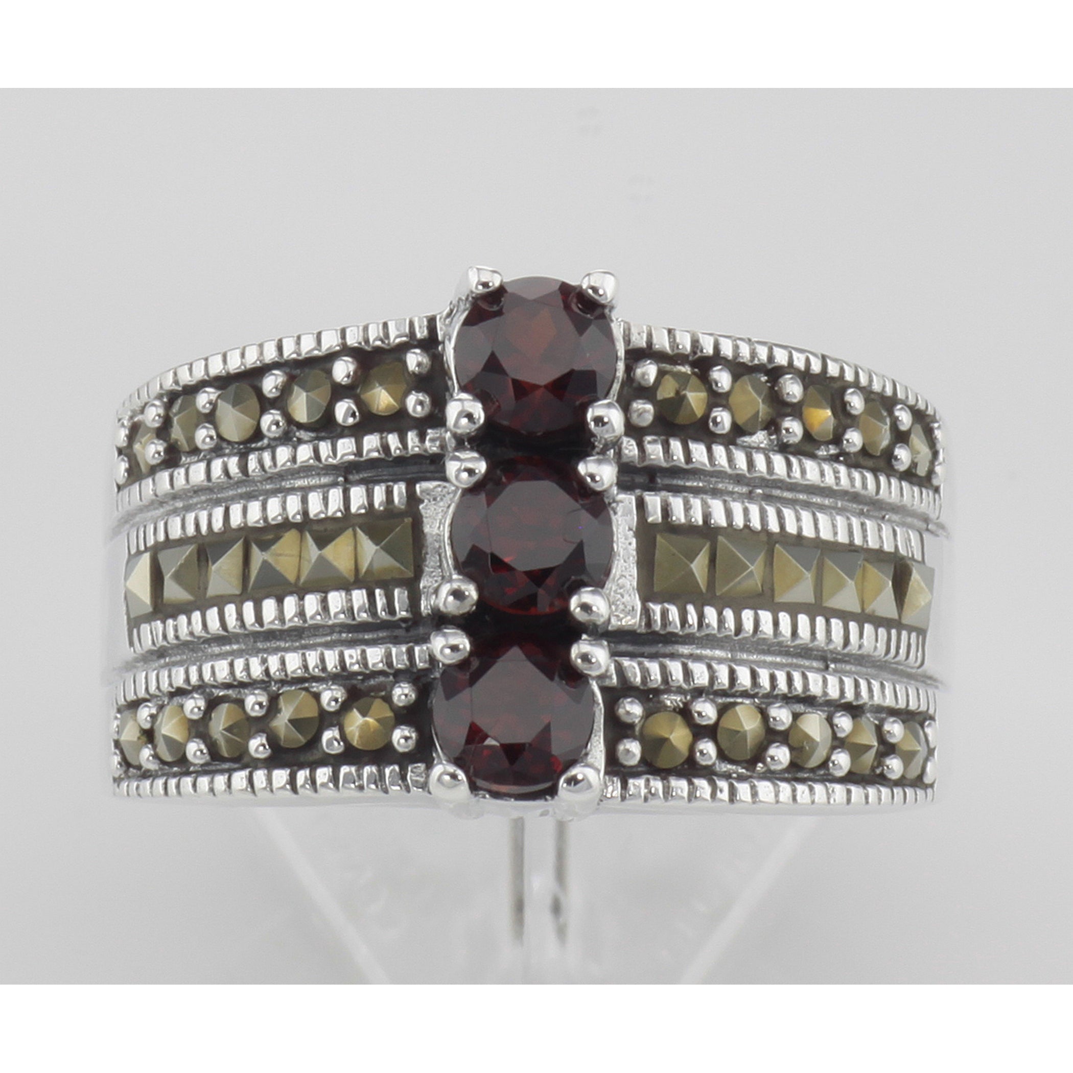 Back view of 3 Stone Genuine Red Garnet and Marcasite Ring showing 925 sterling silver hallmark
